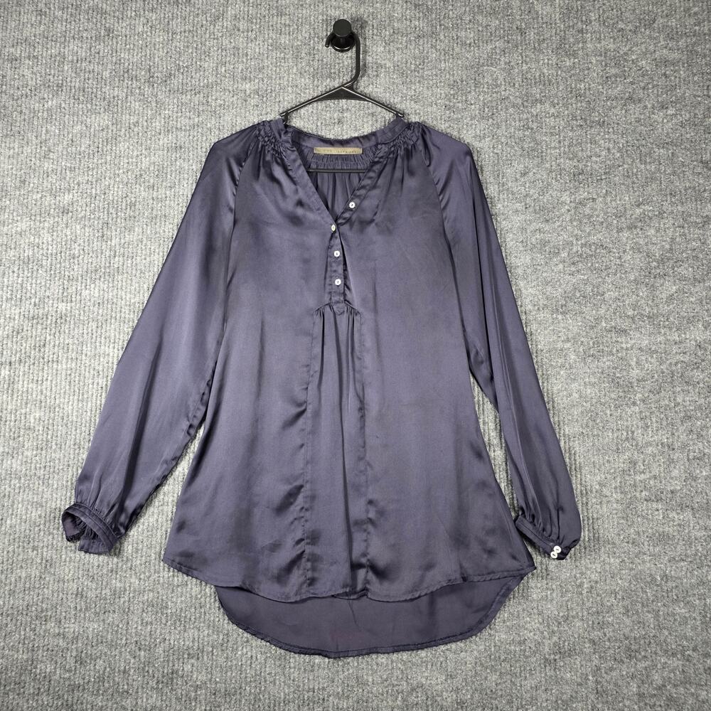 Zara Basic Satin Blouse Small Navy Peasant Top High Low Hem